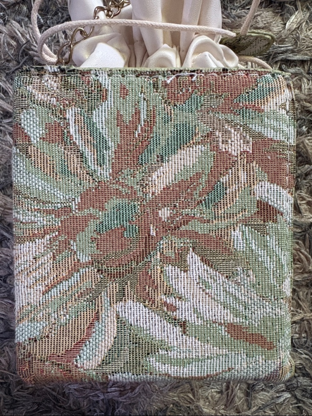 New Floral Tapestry Drawstring Mini Box Bag in Cream Brown and Green - Picture 11 of 12